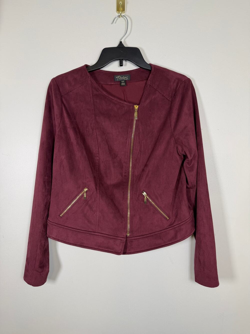 Thalia Sodi Faux Suede Moto Jacket Burgundy Wine Gold Zippers Front Women's Sz M